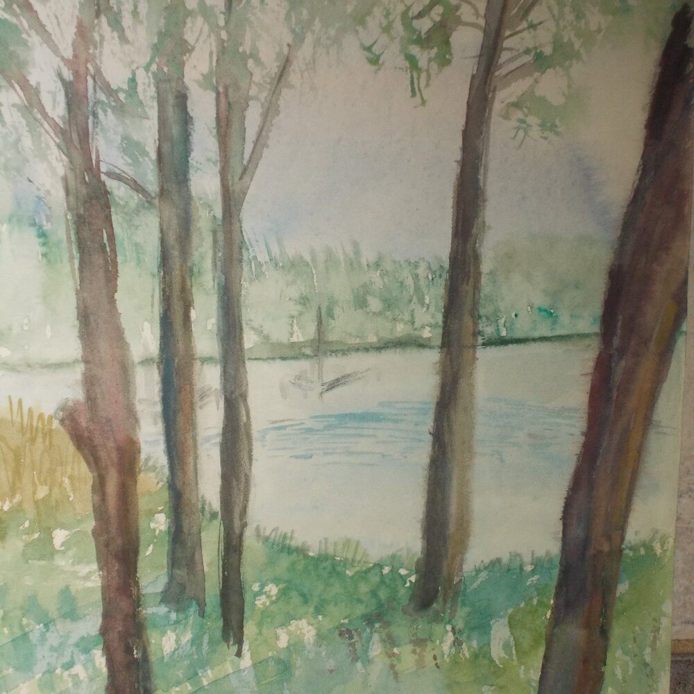 Vintage original seascape waterfront watercolor painting 9"x12", signed